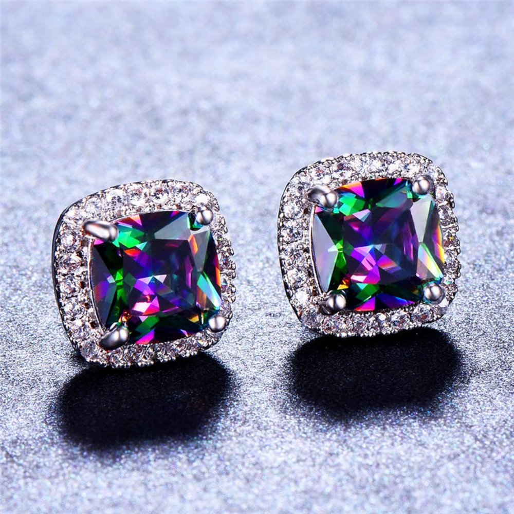 NEW Iridescent Diamond Halo Cushion Stud Earrings - Picture 2 of 7